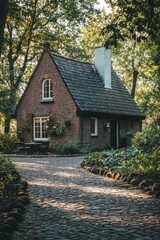 Experience the enchanting allure of a charming brick cottage, beautifully nestled amid vibrant, lush trees, all illuminated by the warm glow of golden hour light in a tranquil forest setting