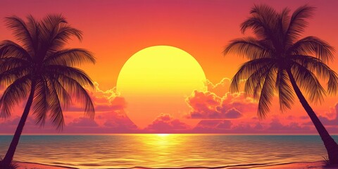 Obraz premium A serene tropical beach scene with palm trees, a vivid sunset and calm waters.