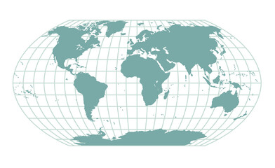 Illustration of a world map in projection with meridians and parallels in turquoise color. For geographical projects, infographics and globe visualization. Silhouette of continents on the planet Earth