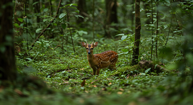 A juvenile chevrotain pauses amidst the verdant foliage of a Vietnamese forest