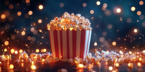 Popcorn overflowing from a classic striped container with glowing lights in a festive setting at night