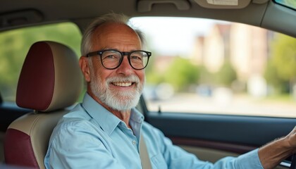 Happy senior man driving car smiling, wearing glasses, ready for road trip. Elderly driver feels confident, enjoys travel, adventure, exploring. Retirement, lifestyle, positive emotions, freedom.