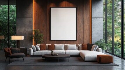 Modern living room interior with blank canvas wall