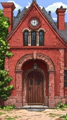 Red brick house entrance, summer day, garden background, game asset