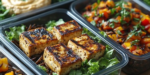 Prepared nutritious meal boxes featuring tofu and diverse plant-based components