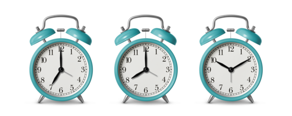 Aqua green twin bell Alarm Clock analog classic vintage retro style, isolated on a transparent background, PNG. High resolution.