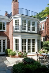 This stunning brick house boasts a charming patio and a lovely balcony, with expansive windows that invite natural light, all nestled amidst vibrant greenery on a bright sunny day