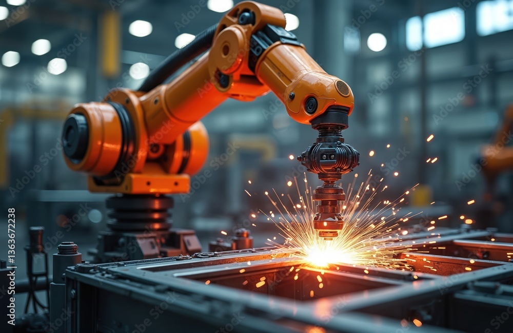 Poster Robot arm performs welding task in factory. Automated machine using for industrial production. Robot welding metal components with sparks in manufacturing process. High-tech robotic arm for metalwork.