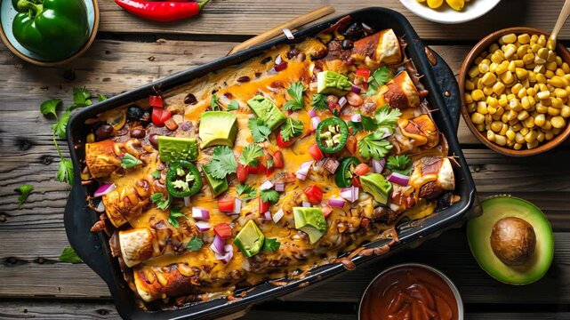 Black bean and corn enchiladas topped with homemade enchilada sauce