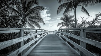 Serene scene of a wooden boardwalk leading to palm trees during sunrise or sunset with a blue sky, clouds, and calm sea.