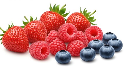 Obraz premium Fresh strawberries, raspberries, and blueberries on a white background.