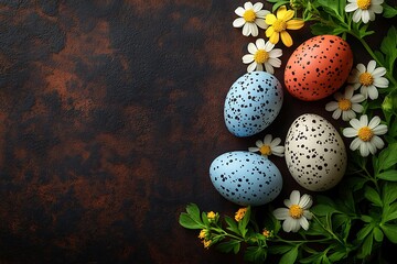 Obraz premium Easter Eggs, Flowers, Dark Background