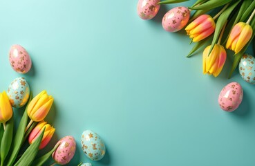 Top view Easter composition. Colorful decorated eggs and fresh yellow pink tulips on isolated teal background with copy space. Festive spring holiday, floral design, party invitation.