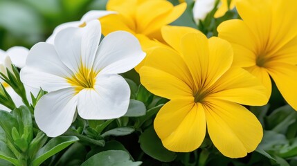 Obraz premium Bright yellow and white flowers bloom in a vibrant garden setting, showcasing nature's beauty and tranquility