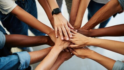 Teamwork concept with diverse hands joining together, symbolizing unity, cooperation, and collaboration