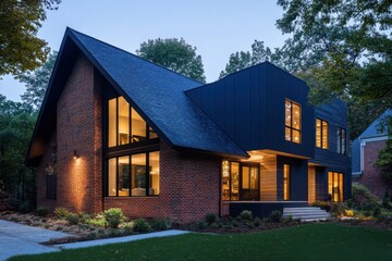 Obraz premium Modern architectural design showcases a blend of brick and dark siding in a serene suburban neighborhood during twilight hours
