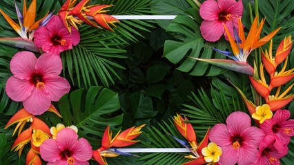 Lush tropical flowers and leaves arranged around a white rectangular frame.