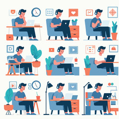 vector young man playing laptop 