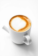 Fototapeta premium A pristine white cup brimming with rich cappuccino froth, set against a stark white backdrop, foam, minimalist, close-up