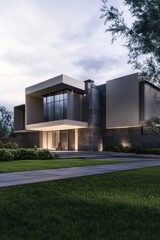 Modern architectural design featuring a sleek house with large windows and a green lawn, captured during twilight to highlight the elegant lighting and landscaping