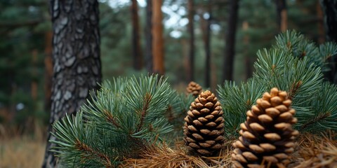 Dense coniferous forest, pine needles on the ground, autumn season with changing colors, natural landscape scene