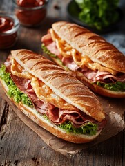 Two delicious meatball subs with melted cheese, crispy lettuce, and vibrant tomatoes on a wooden table.
