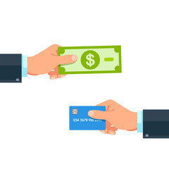 payment for services by a card or money. hands hold a card and banknotes. drawing on white background. Modern flat style vector illustration clipart