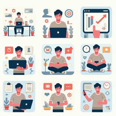 vector young man playing laptop 