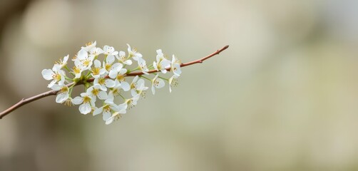Delicate white blossoms cluster on a slender, gently curving branch against a soft, blurred background, petals, blooming, blossom