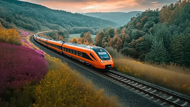 Vibrant orange train traveling through a scenic valley with colorful flowers and hills at sunset