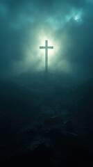 Naklejka premium Christian Cross Illuminated Through Fog