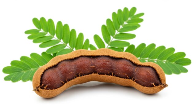 Close-up of tamarind fruit and leaves on a white background.