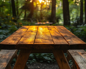 Naklejka premium Wooden picnic table with benches sits in a forest, bathed in golden sunlight