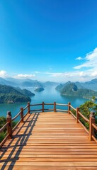 Obraz premium Elevated wooden platform overlooking serene Hangzhou lake; green mountains backdrop, scenic view, green
