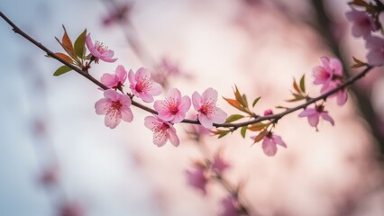 Delicate pink cherry blossoms on a branch. Soft, romantic, natural scenery.
