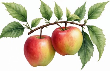 Watercolor illustration juicy red and green apples branch with green leaves. Fresh fruit, natural, healthy concept. Botanical art, springtime, harvest, agricultural design.