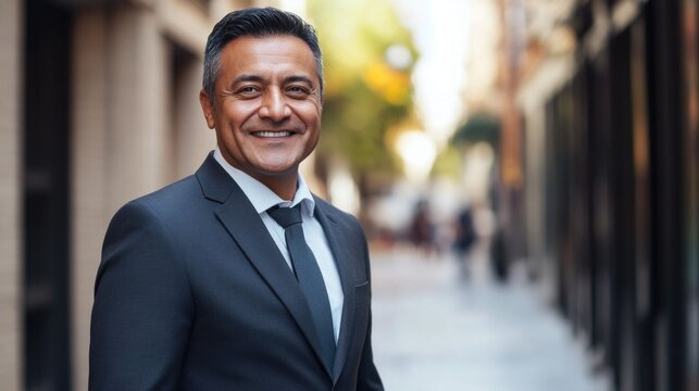 A man in a business suit standing confidently, with a city backdrop. Latin American appearance.