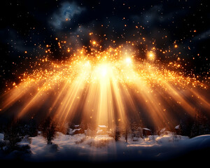 Magical winter village bathed in warm, celestial light beams, snow-covered landscape under a dark, starry sky