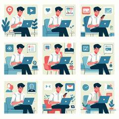 vector young man playing laptop 