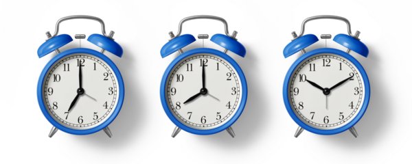 Blue twin bell Alarm Clock analog classic vintage retro style, isolated on a transparent background, PNG. High resolution. 