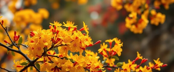 Obraz premium Golden osmanthus blossoms freshly harvested in autumn, steeped in hot water, tea leaves, texture, floral