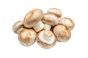 Fresh white button mushrooms piled on black background, cut out