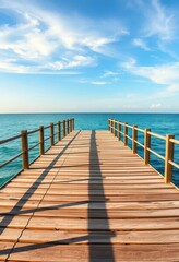 Gray weathered wooden pier deck extends over calm blue sea under summer sky, nautical, water, ocean