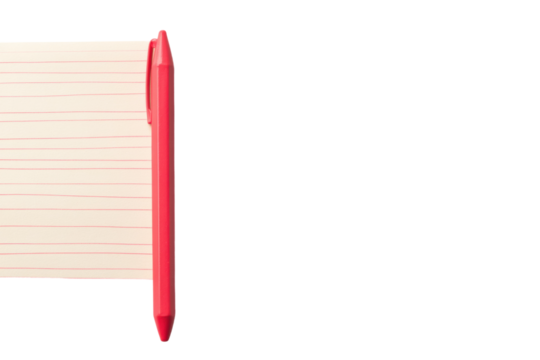 Red pen on lined notebook page isolated on black background, cut out
