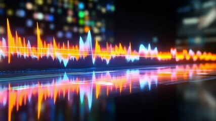 Audio Spectrum in the City: An artistic digital rendering showcases a vibrant audio spectrum visualized over a city nightscape, creating a mesmerizing blend of sound and urban environment. - Powered by Adobe