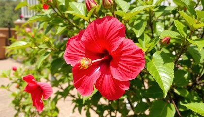 A vibrant red hibiscus flower surrounded by lush green leaves in a garden setting.