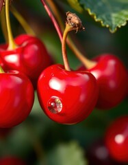 Luscious red cherries glistening with a single droplet of water, background, reflection