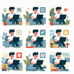 vector young man playing laptop 