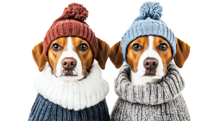 Two dogs in hats and sweaters, cute pets, studio shot, isolated, cut out transparent