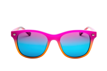 Vibrant pink and orange sunglasses with blue lenses, cut out